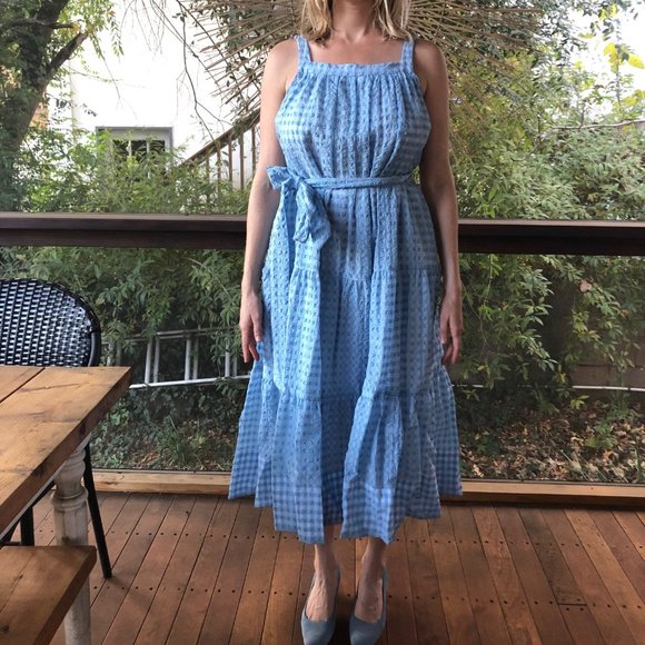 Tanya Taylor Savannah Crinkled Gingham Trapeze Dress Blue Medium - Picture 2 of 4